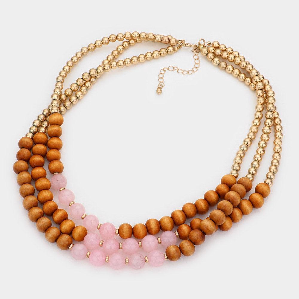 Pink Wood Beaded Triple Layered Necklace - Jewelry Store by Erik Rayo