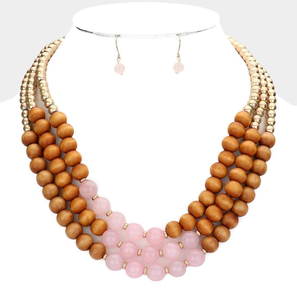 Pink Wood Beaded Triple Layered Necklace - Jewelry Store by Erik Rayo
