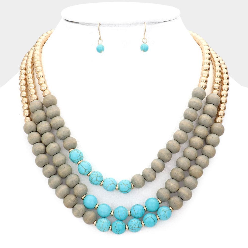 Turquoise Wood Beaded Triple Layered Necklace