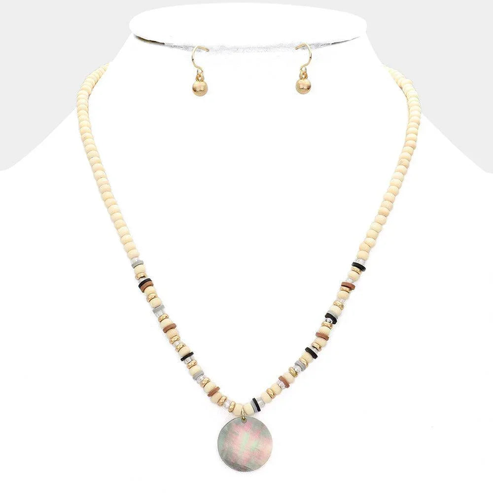Gold Wood Heishi Beaded Abalone Pendant Necklace - Jewelry Store by Erik Rayo