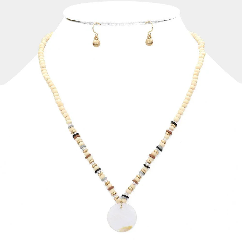 Gold Wood Heishi Beaded Mother Of Pearl Pendant Necklace - Jewelry Store by Erik Rayo