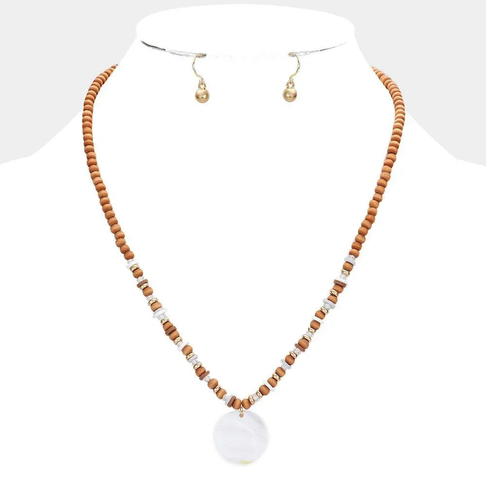 Gold Wood Heishi Beaded Mother Of Pearl Pendant Necklace - Jewelry Store by Erik Rayo