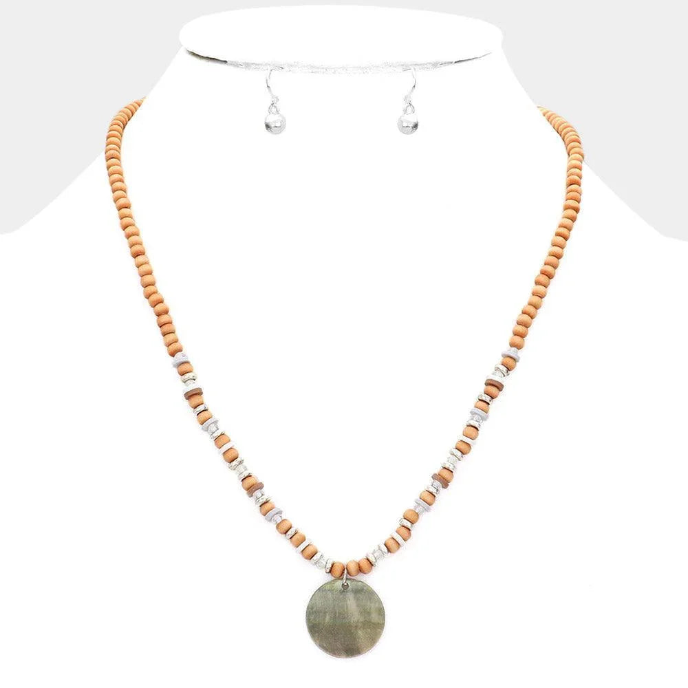 Silver Wood Heishi Beaded Abalone Pendant Necklace - Jewelry Store by Erik Rayo