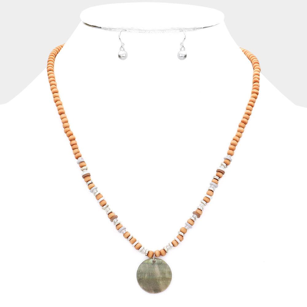 Silver Wood Heishi Beaded Abalone Pendant Necklace