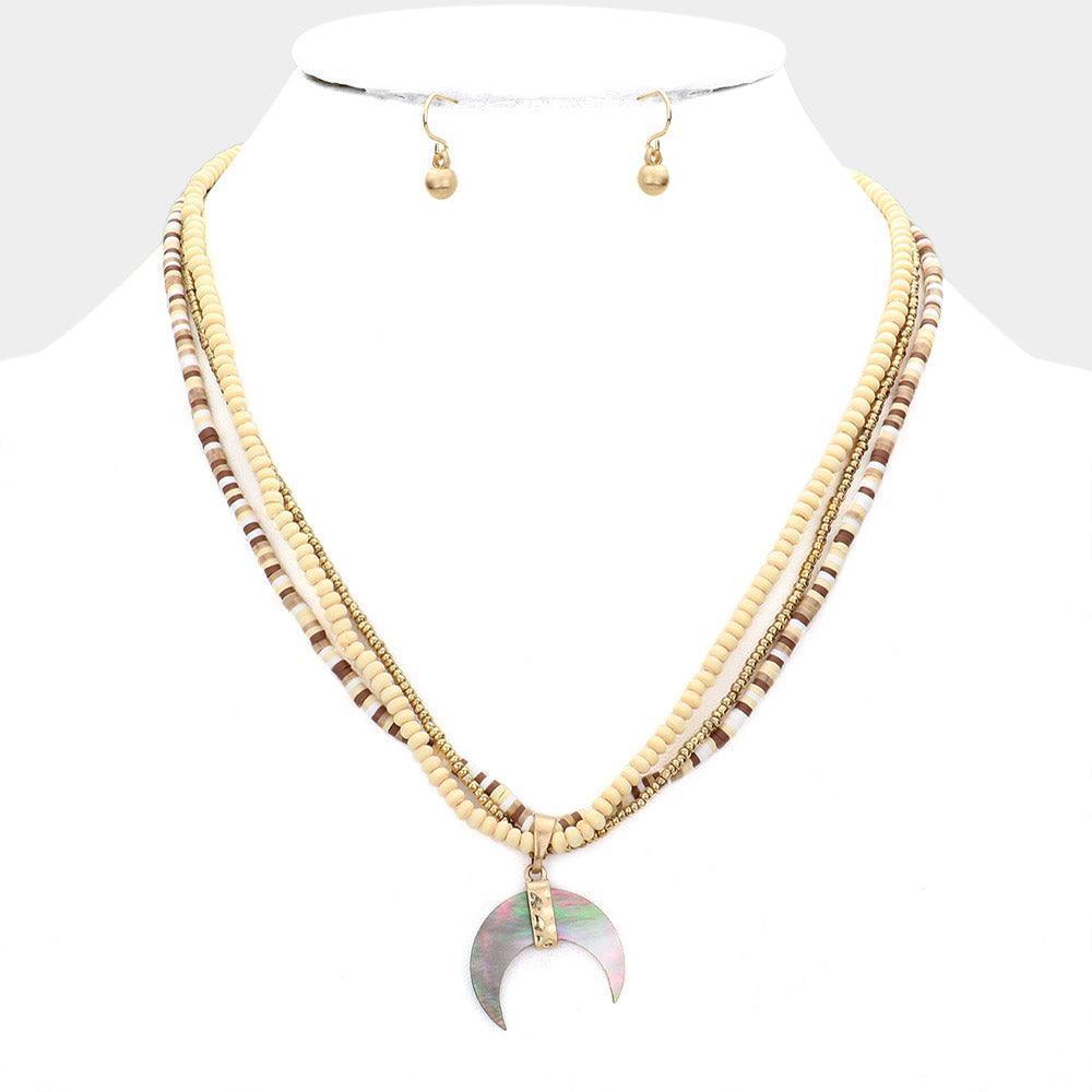 Gold Wood Heishi Beaded Abalone Crescent Pendant Triple Layered Pendant Necklace - Jewelry Store by Erik Rayo
