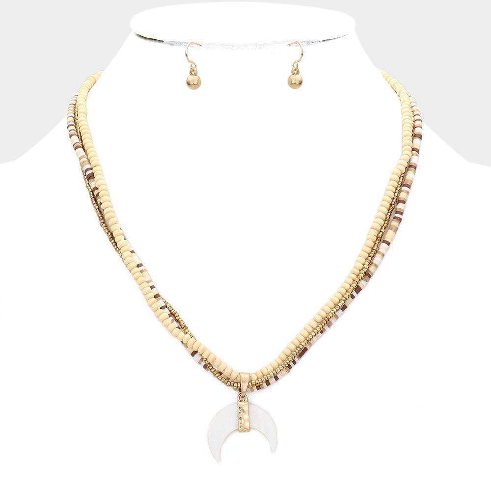 Gold Wood Heishi Beaded Abalone Crescent Pendant Triple Layered Pendant Necklace - Jewelry Store by Erik Rayo