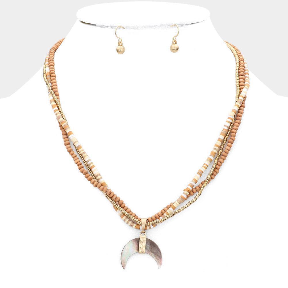 Gold Wood Heishi Beaded Abalone Crescent Pendant Triple Layered Pendant Necklace - Jewelry Store by Erik Rayo