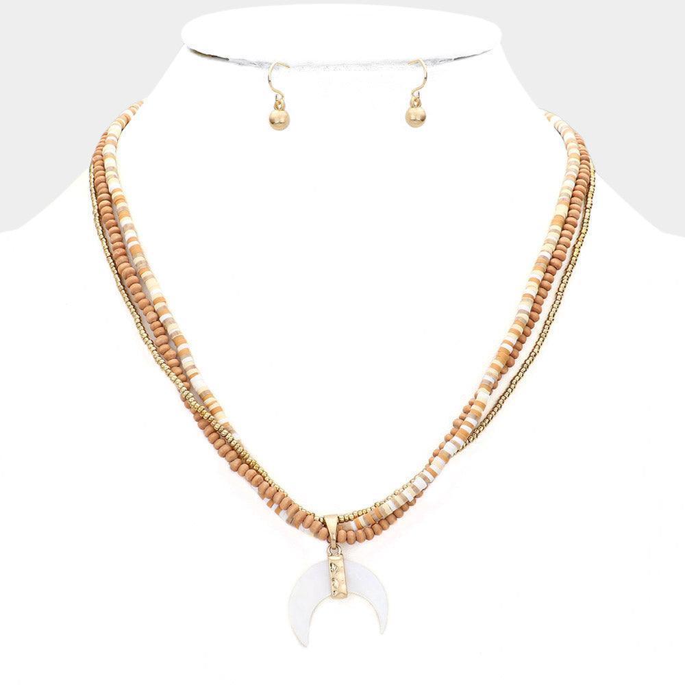 Gold Wood Heishi Beaded Abalone Crescent Pendant Triple Layered Pendant Necklace - Jewelry Store by Erik Rayo