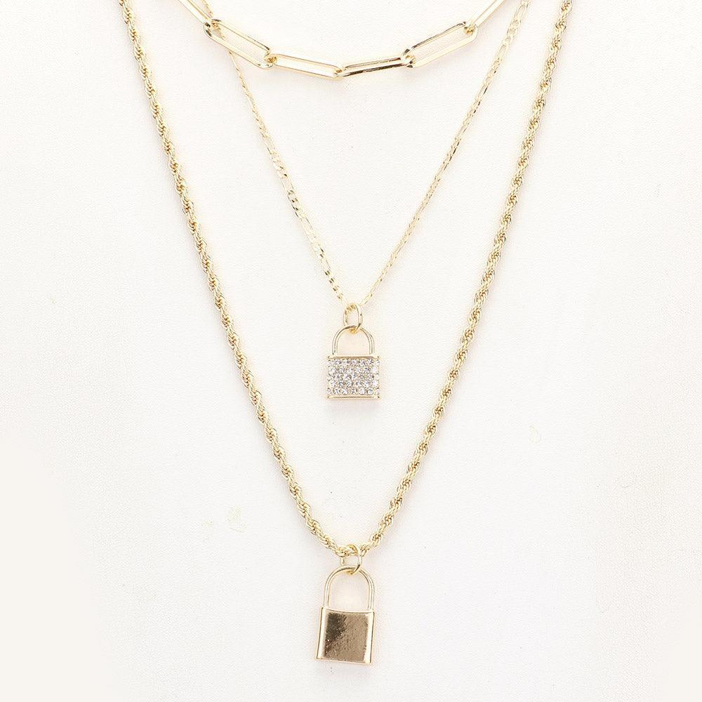 Gold Rhinestone Embellished Lock Pendant Multi Layered Necklace - Jewelry Store by Erik Rayo