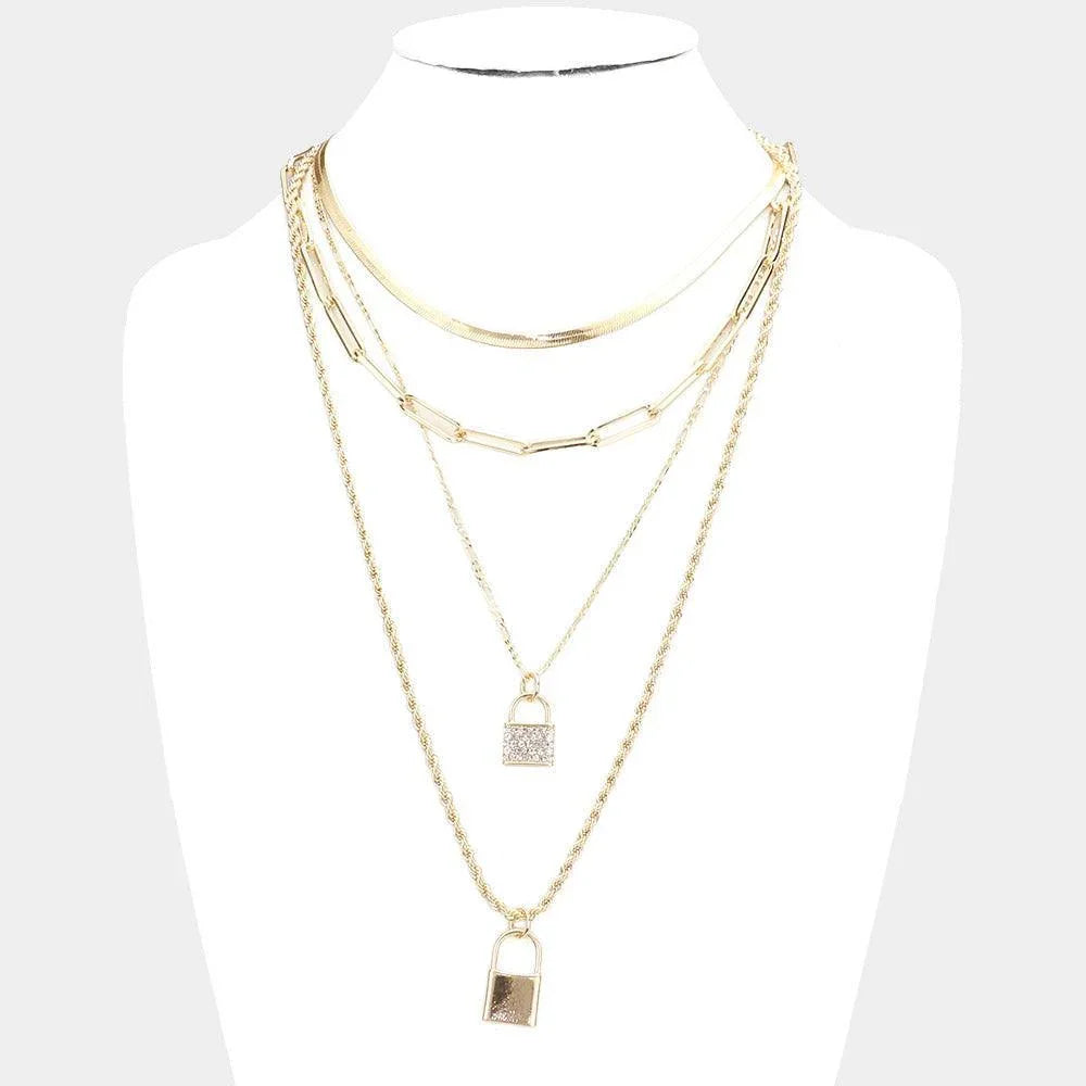 Gold Rhinestone Embellished Lock Pendant Multi Layered Necklace - Jewelry Store by Erik Rayo
