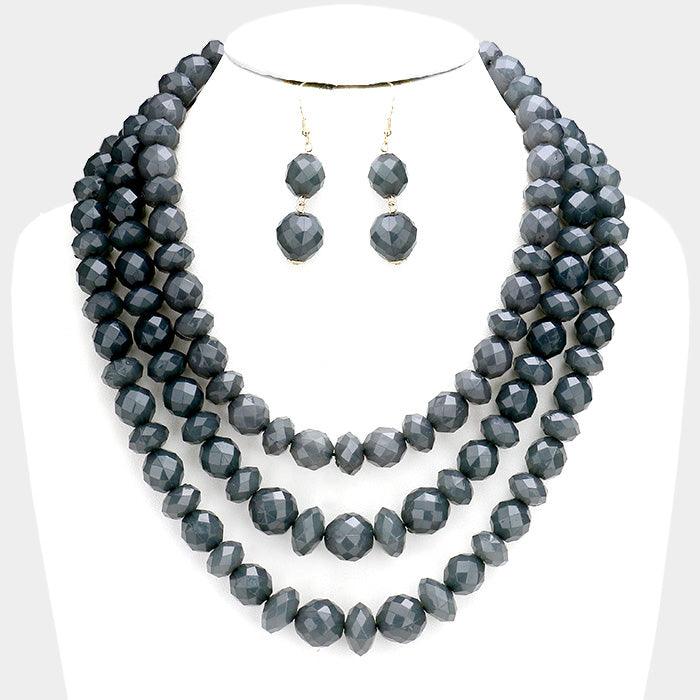 Black Triple Strand Beaded Bib Necklace