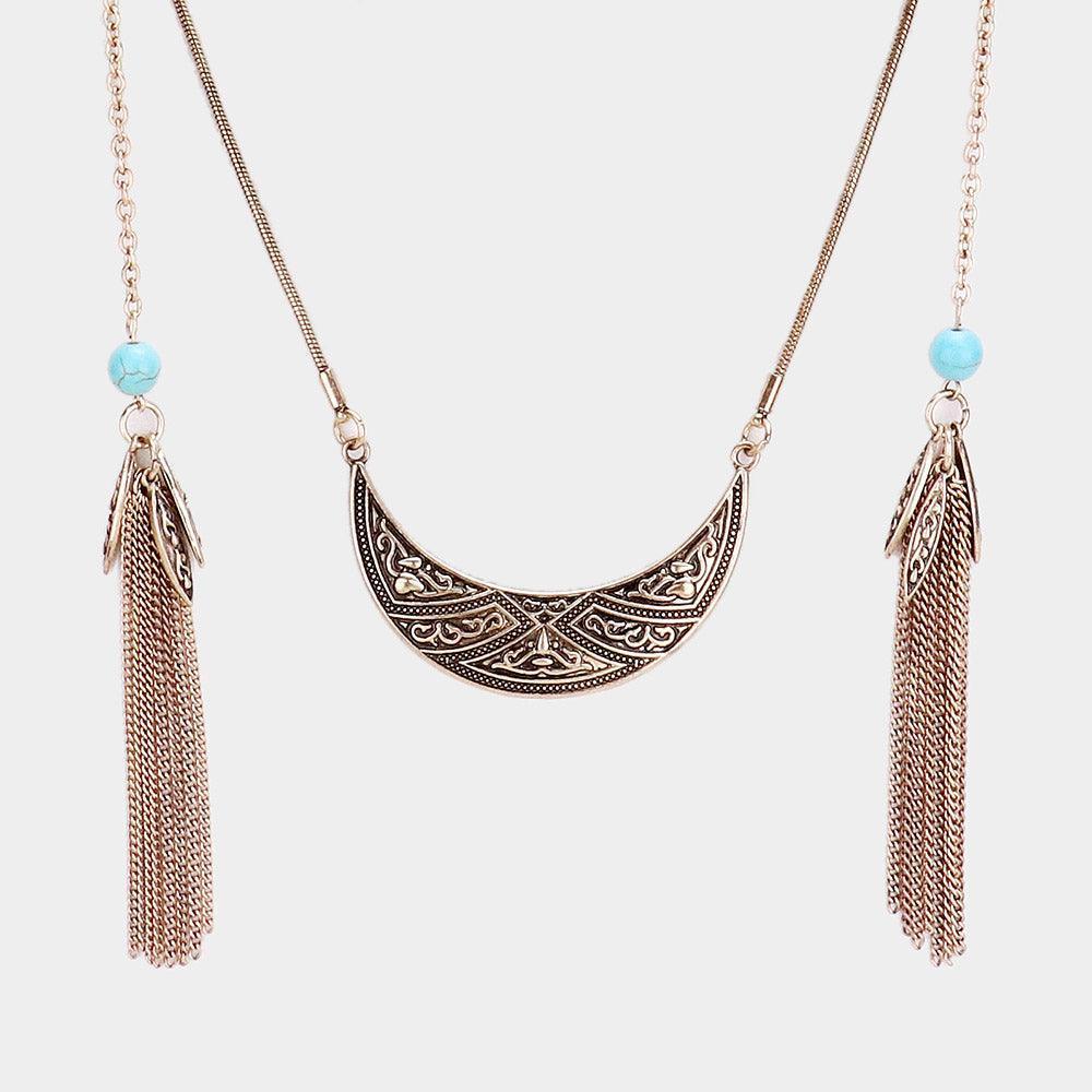 Turquoise Chain Tassel Patterned Burnished Metal Necklace - Jewelry Store by Erik Rayo