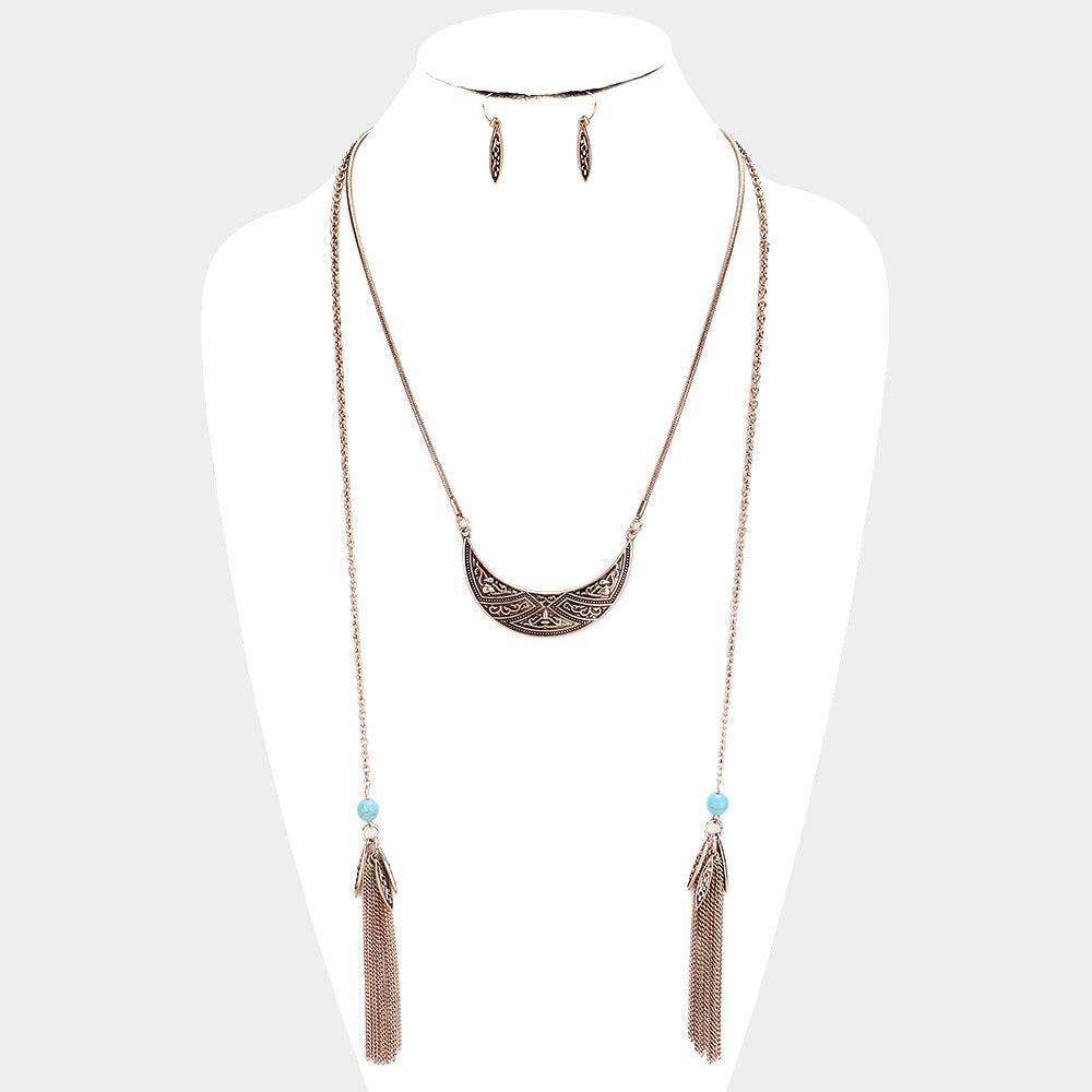 Turquoise Chain Tassel Patterned Burnished Metal Necklace - Jewelry Store by Erik Rayo