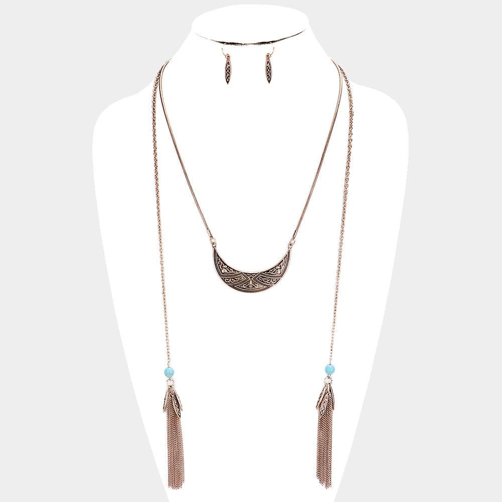 Turquoise Chain Tassel Patterned Burnished Metal Necklace