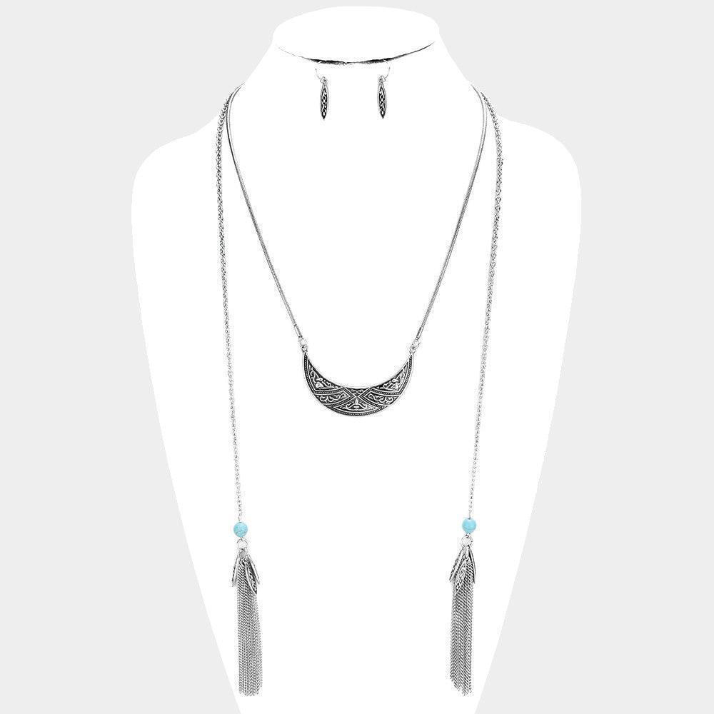 Turquoise Chain Tassel Patterned Burnished Metal Necklace - Jewelry Store by Erik Rayo