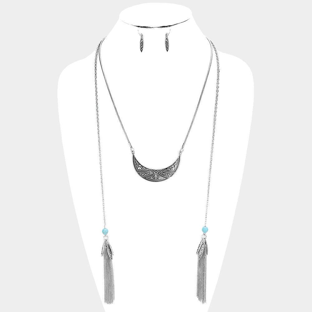 Turquoise Chain Tassel Patterned Burnished Metal Necklace