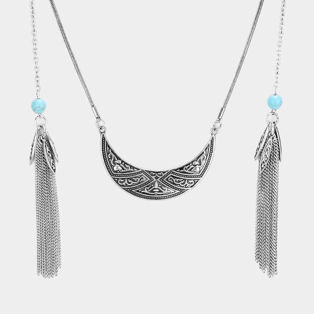 Turquoise Chain Tassel Patterned Burnished Metal Necklace - Jewelry Store by Erik Rayo