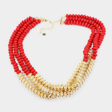Load image into Gallery viewer, Red Multi Strand Wood Beaded Metal Centered Necklace
