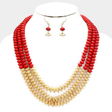 Load image into Gallery viewer, Red Multi Strand Wood Beaded Metal Centered Necklace
