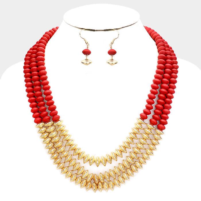 Red Multi Strand Wood Beaded Metal Centered Necklace
