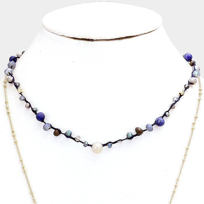 Gold Layered Weave Multi Bead Drop Double Chain Tassel Necklace - Jewelry Store by Erik Rayo