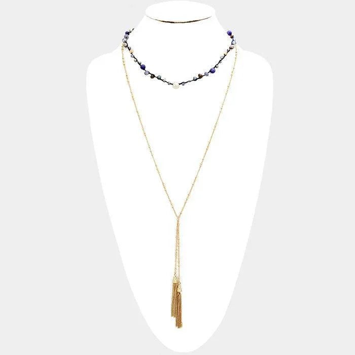 Gold Layered Weave Multi Bead Drop Double Chain Tassel Necklace - Jewelry Store by Erik Rayo