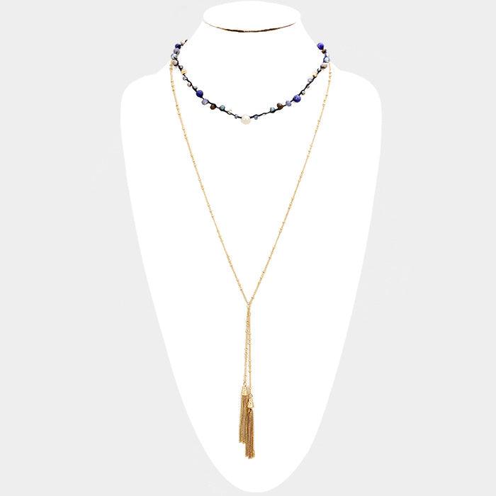 Gold Layered Weave Multi Bead Drop Double Chain Tassel Necklace