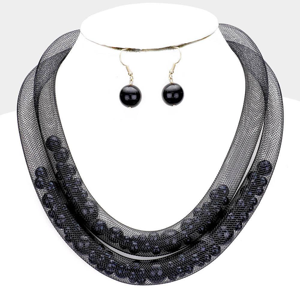 Black Double Mesh Tube Pearl Collar Necklace