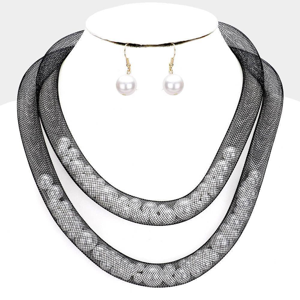White Double Mesh Tube Pearl Collar Necklace - Jewelry Store by Erik Rayo