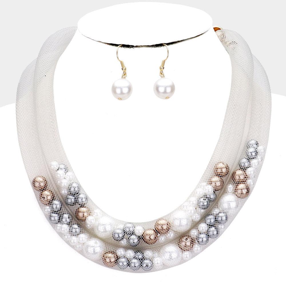 Double Mesh Tube Pearl Collar Necklace