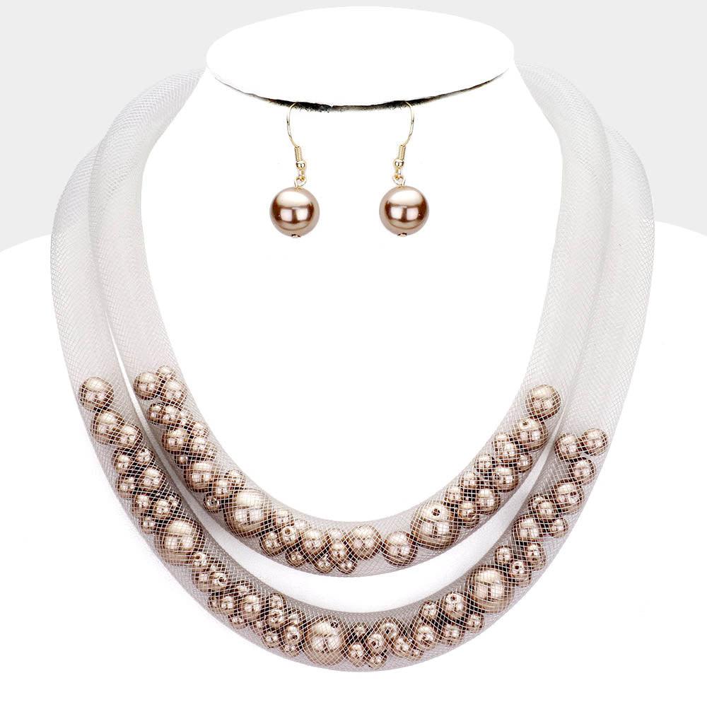 Silver Double Mesh Tube Pearl Collar Necklace