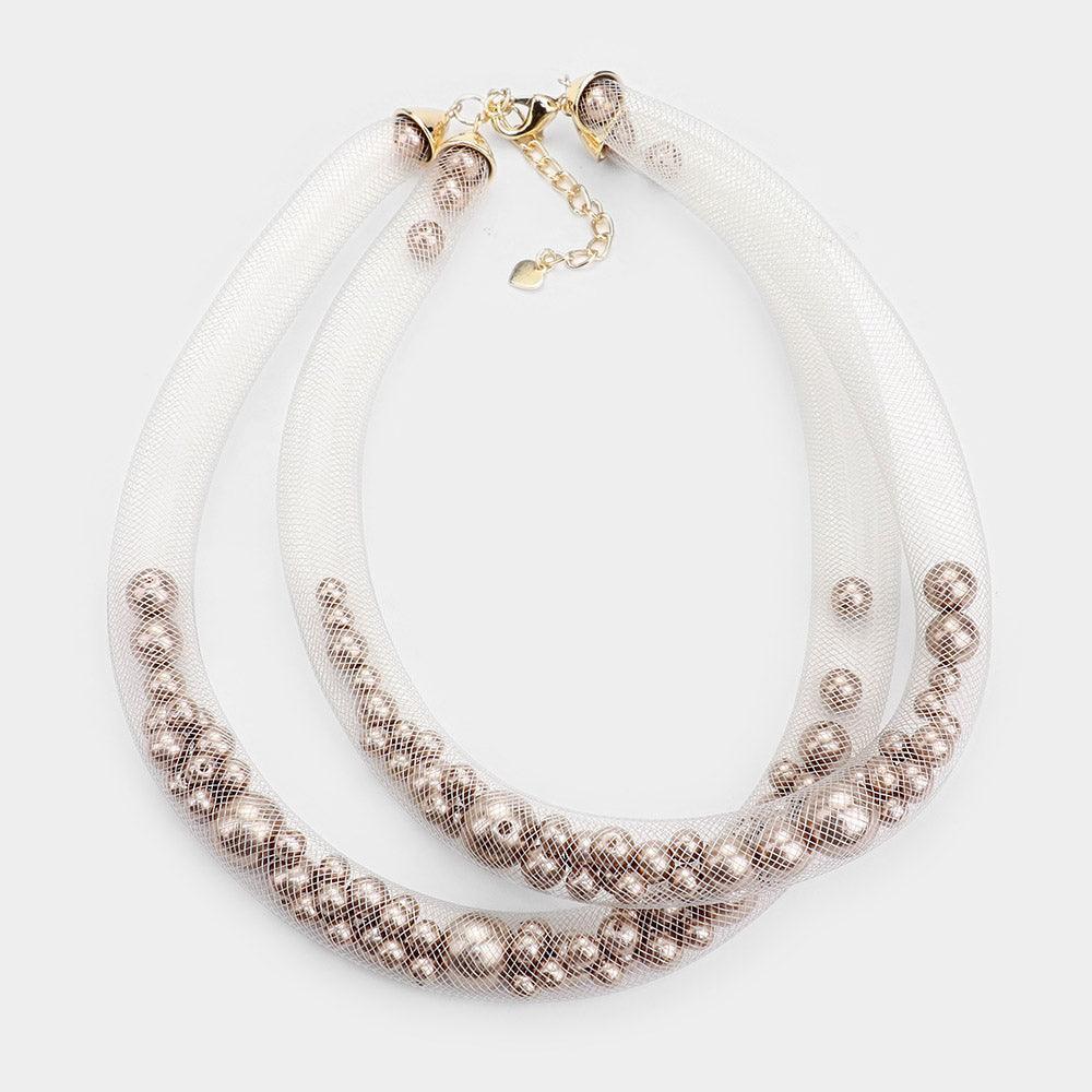 Silver Double Mesh Tube Pearl Collar Necklace - Jewelry Store by Erik Rayo