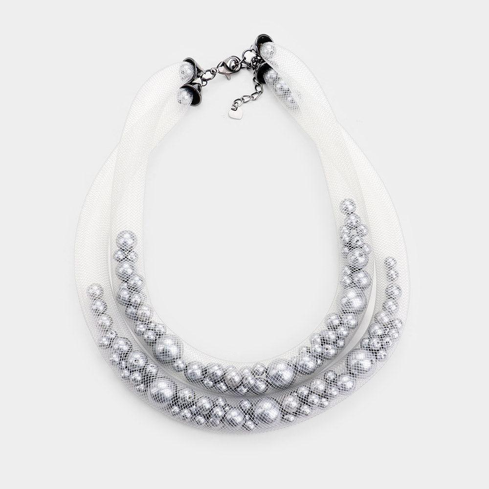 Gray Double Mesh Tube Pearl Collar Necklace - Jewelry Store by Erik Rayo