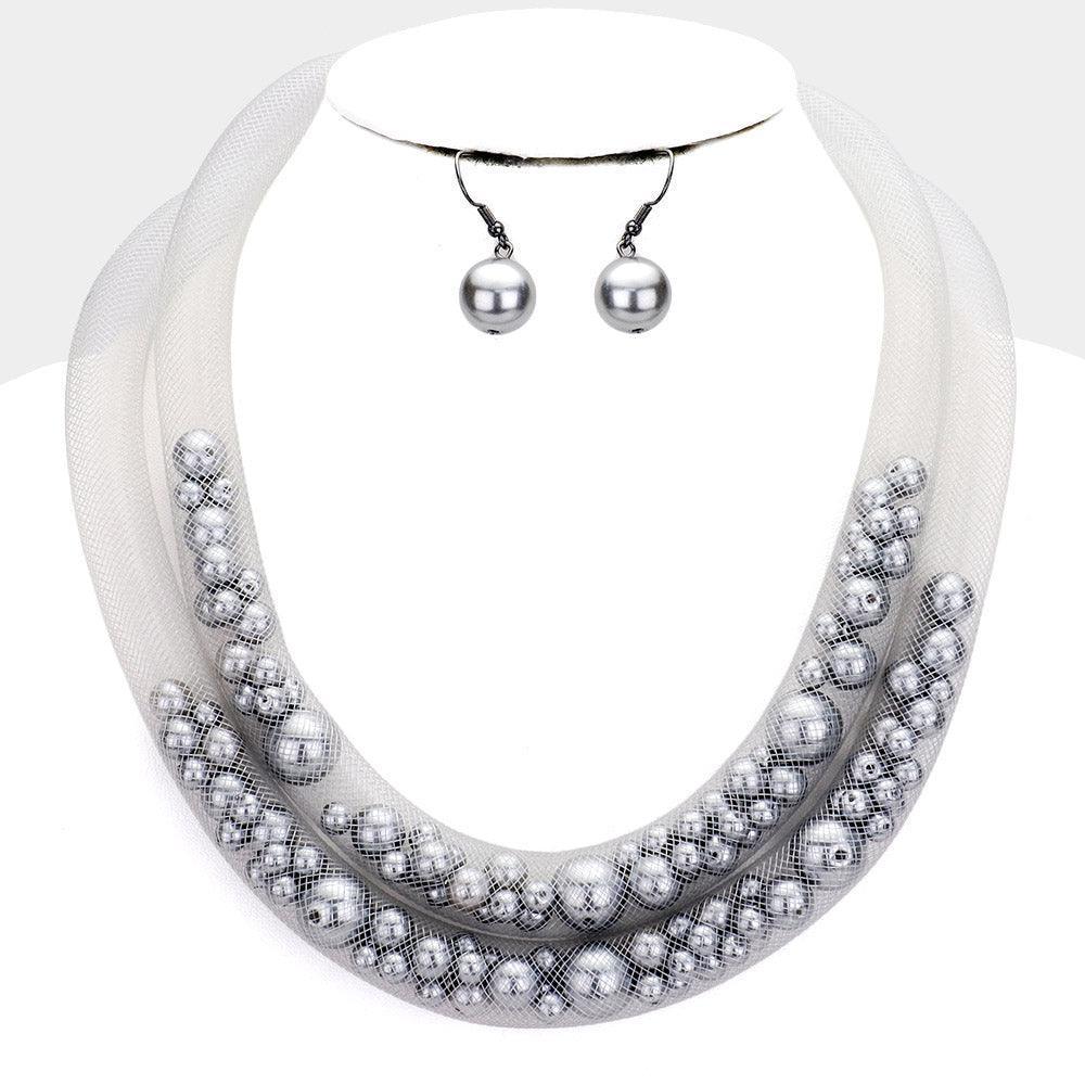 Gray Double Mesh Tube Pearl Collar Necklace - Jewelry Store by Erik Rayo