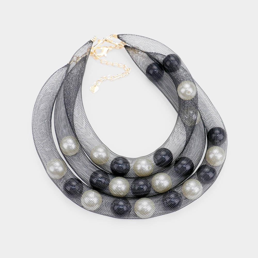 Cream Triple Mesh Tube Pearl Collar Necklace - Jewelry Store by Erik Rayo