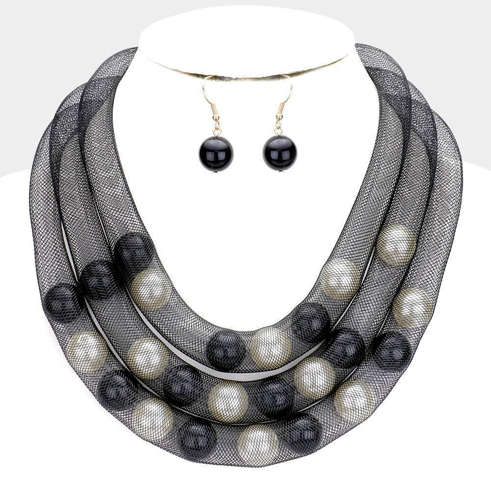 Cream Triple Mesh Tube Pearl Collar Necklace - Jewelry Store by Erik Rayo