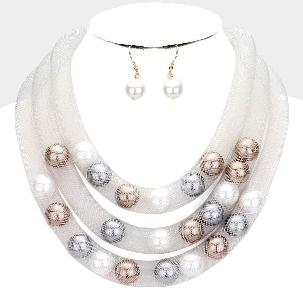 Gray Triple Mesh Tube Pearl Collar Necklace - Jewelry Store by Erik Rayo