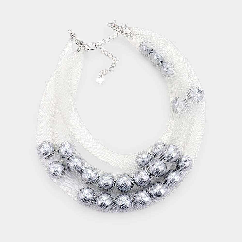 Gray Triple Mesh Tube Pearl Collar Necklace - Jewelry Store by Erik Rayo