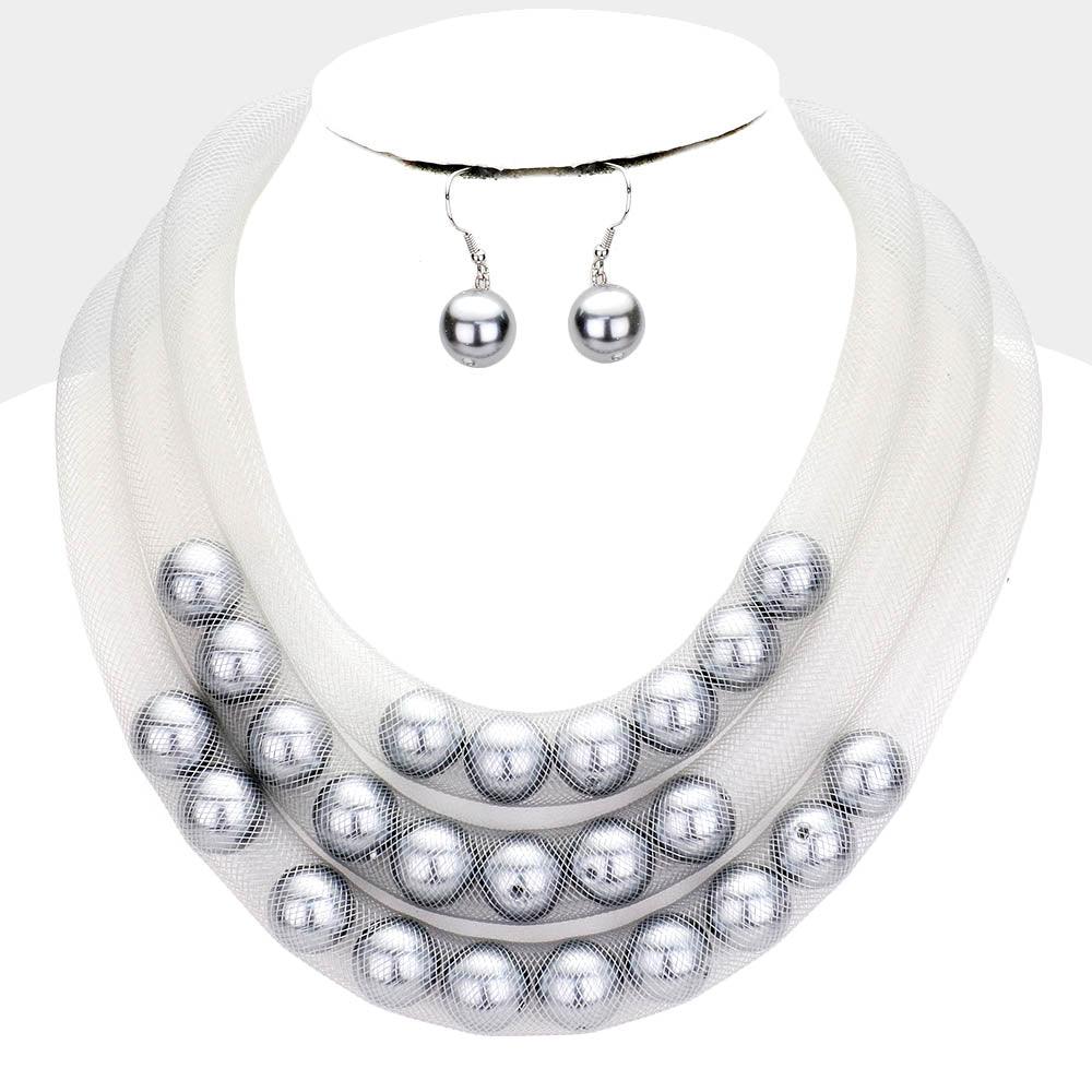 Gray Triple Mesh Tube Pearl Collar Necklace