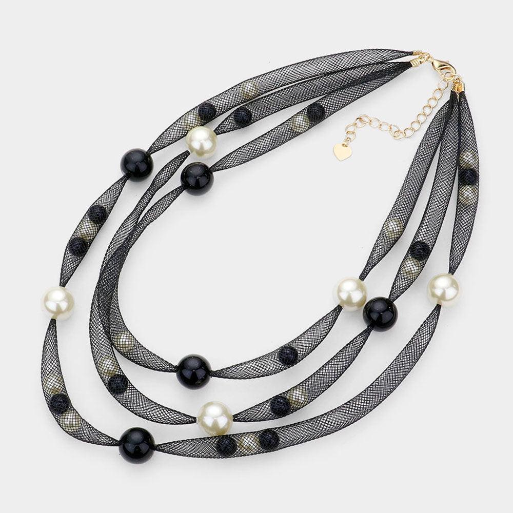 Cream Pearl Accented Triple Layered Mesh Bib Necklace - Jewelry Store by Erik Rayo