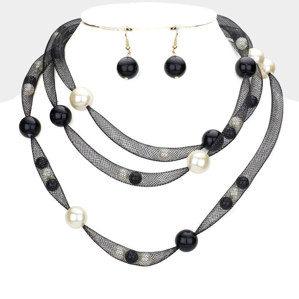 Cream Pearl Accented Triple Layered Mesh Bib Necklace - Jewelry Store by Erik Rayo