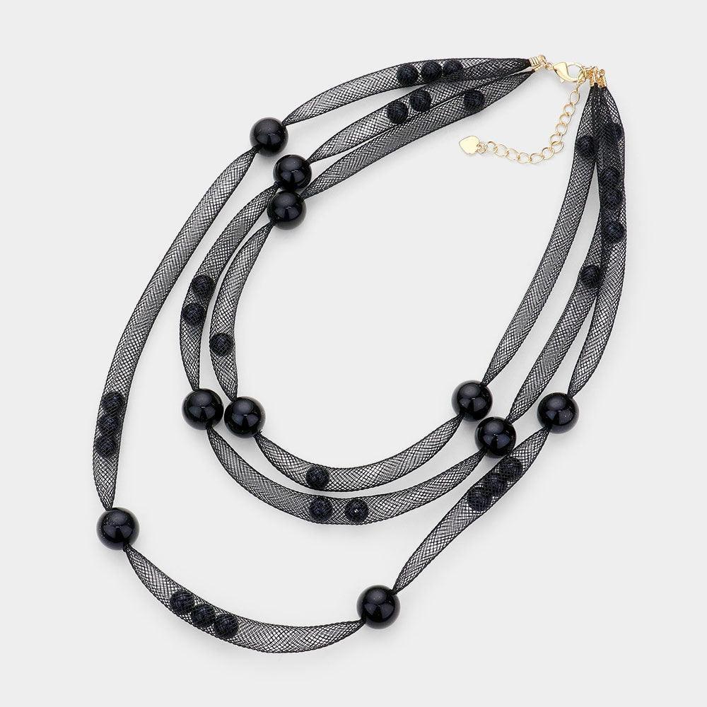 Black Pearl Accented Triple Layered Mesh Bib Necklace - Jewelry Store by Erik Rayo