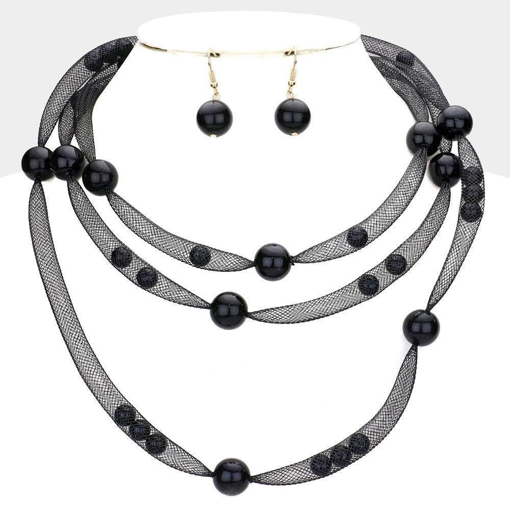 Black Pearl Accented Triple Layered Mesh Bib Necklace - Jewelry Store by Erik Rayo