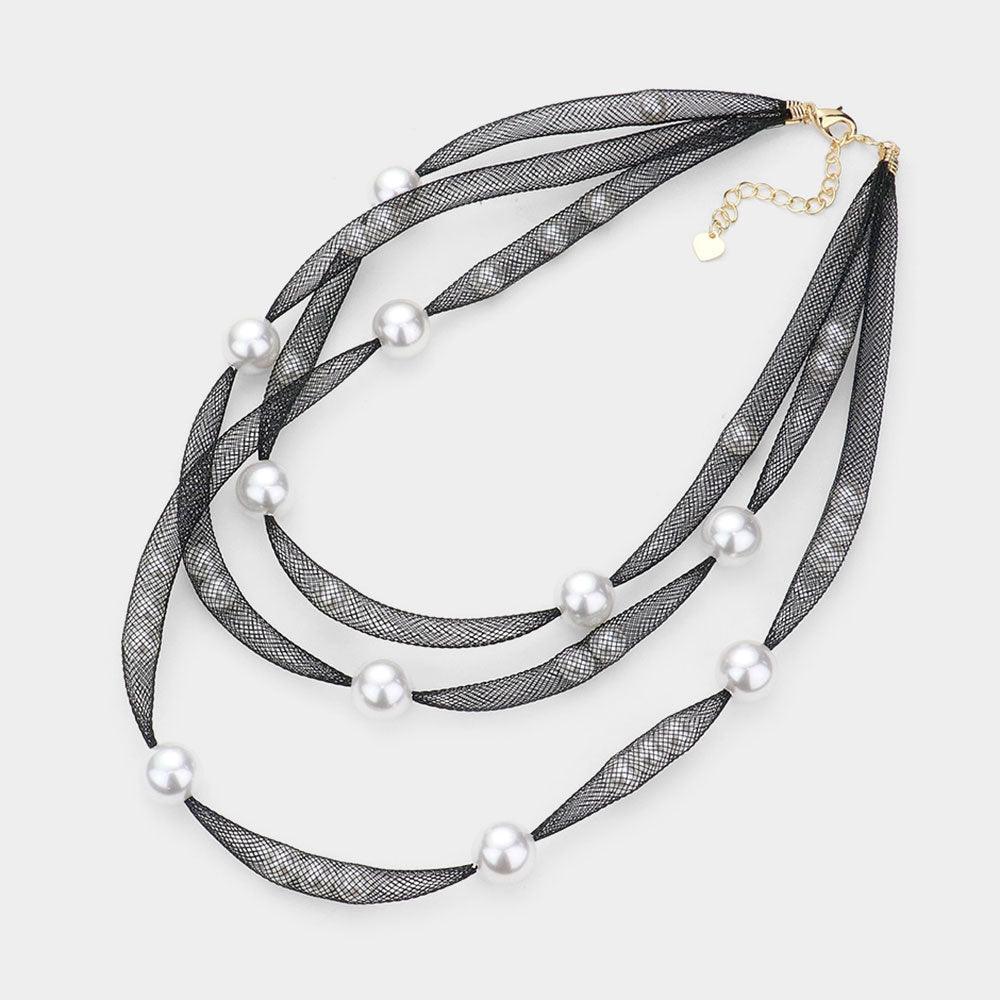 White Pearl Accented Triple Layered Mesh Bib Necklace