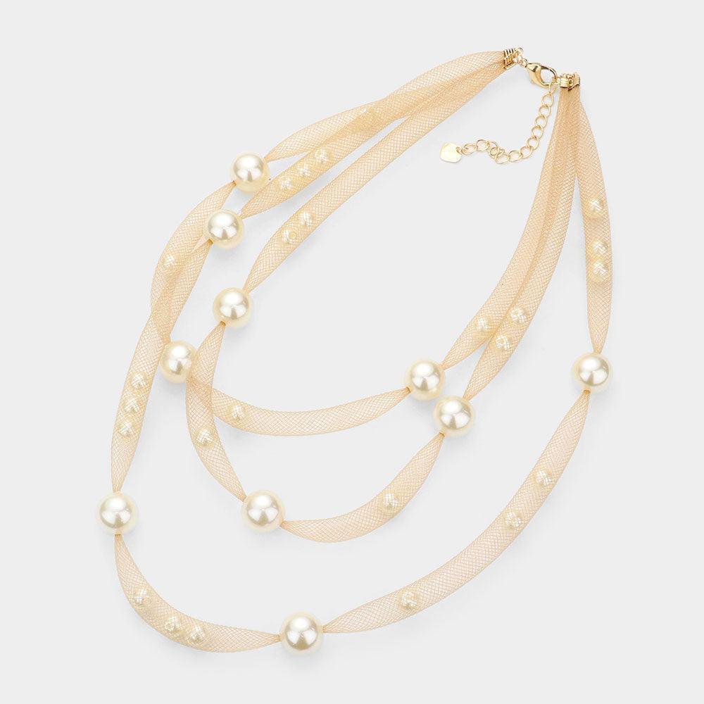 Gold Pearl Accented Triple Layered Mesh Bib Necklace - Jewelry Store by Erik Rayo