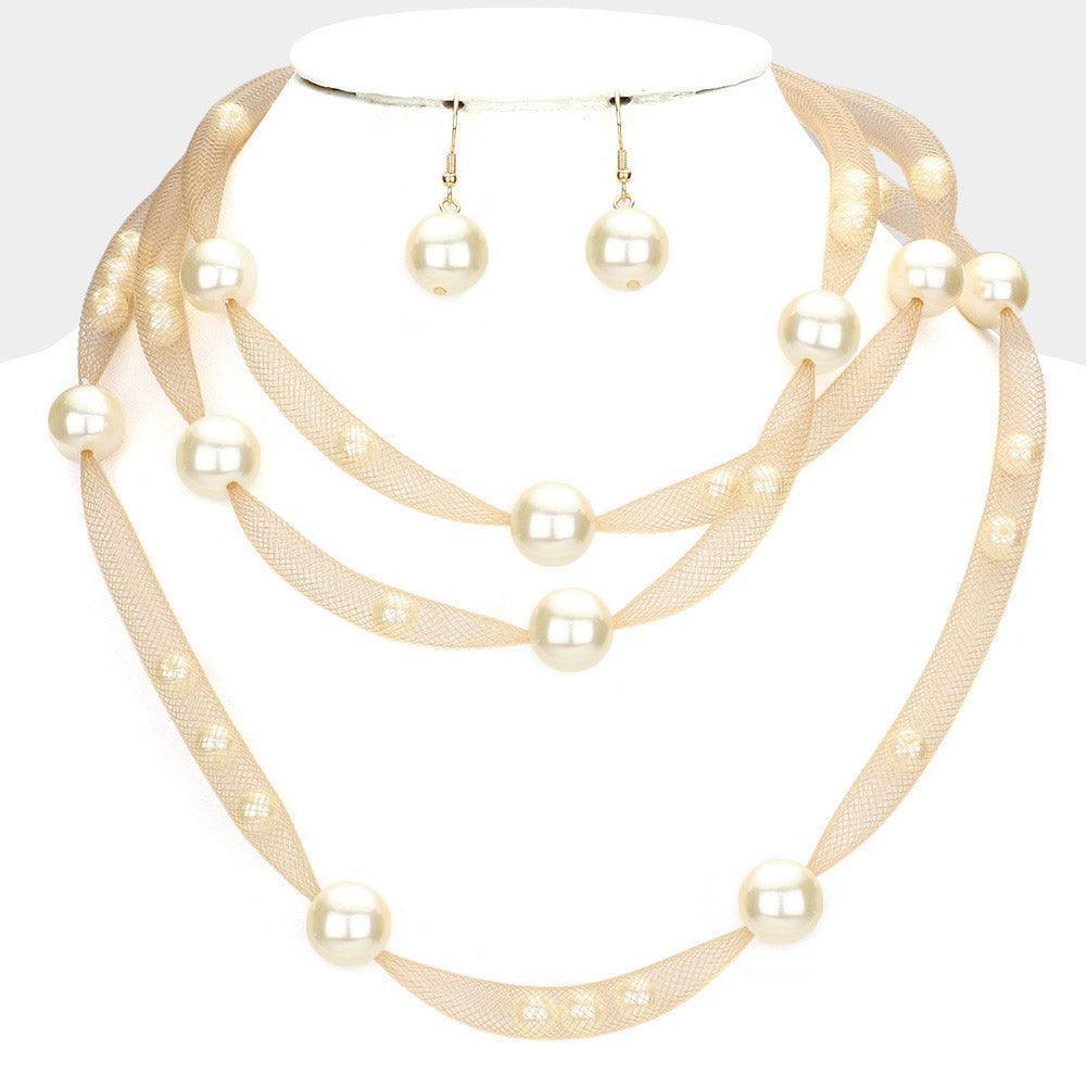 Gold Pearl Accented Triple Layered Mesh Bib Necklace - Jewelry Store by Erik Rayo