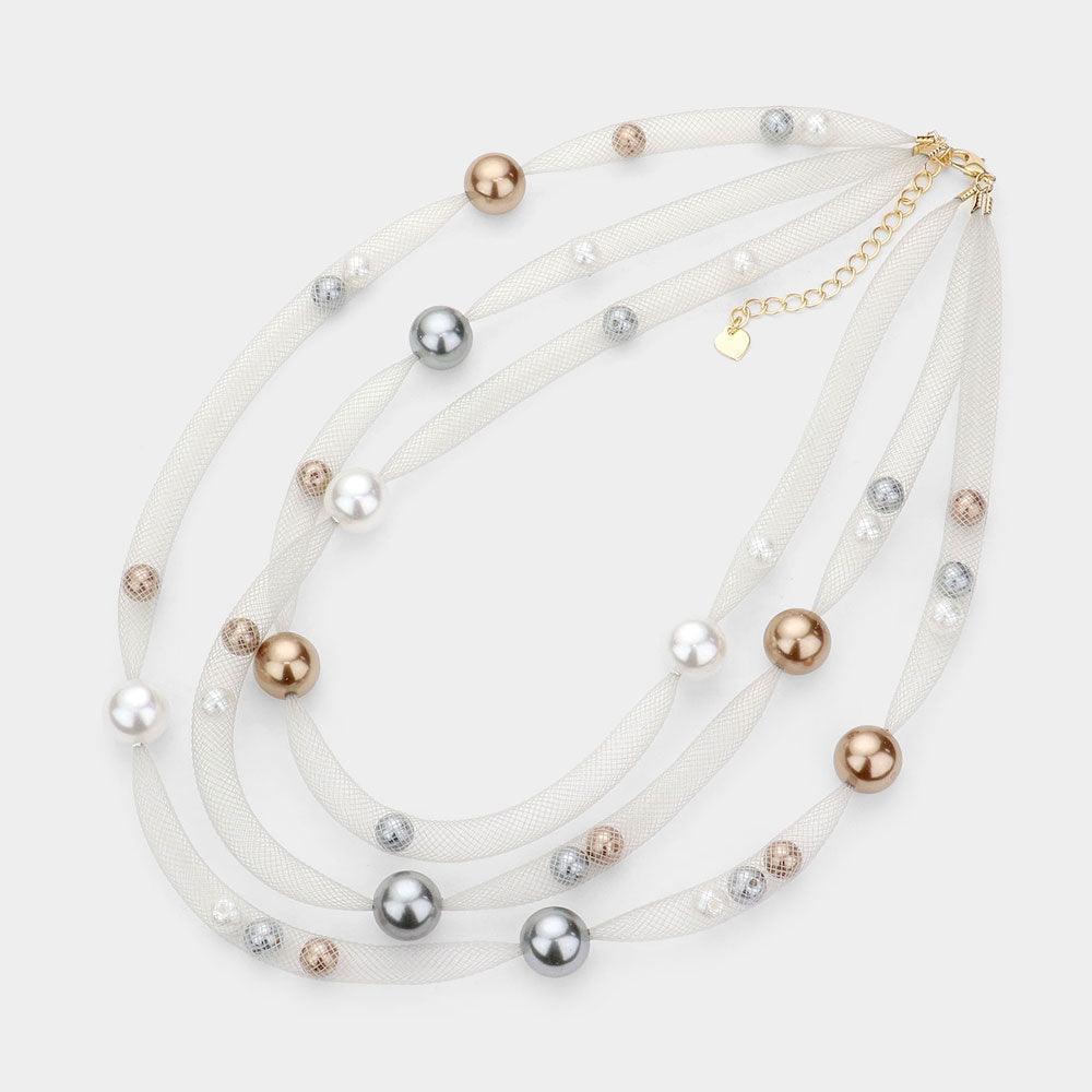 Pearl Accented Triple Layered Mesh Bib Necklace - Jewelry Store by Erik Rayo