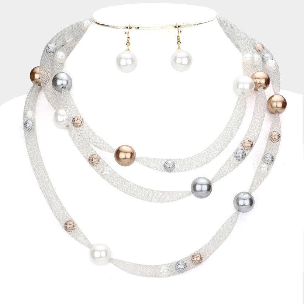 Pearl Accented Triple Layered Mesh Bib Necklace - Jewelry Store by Erik Rayo