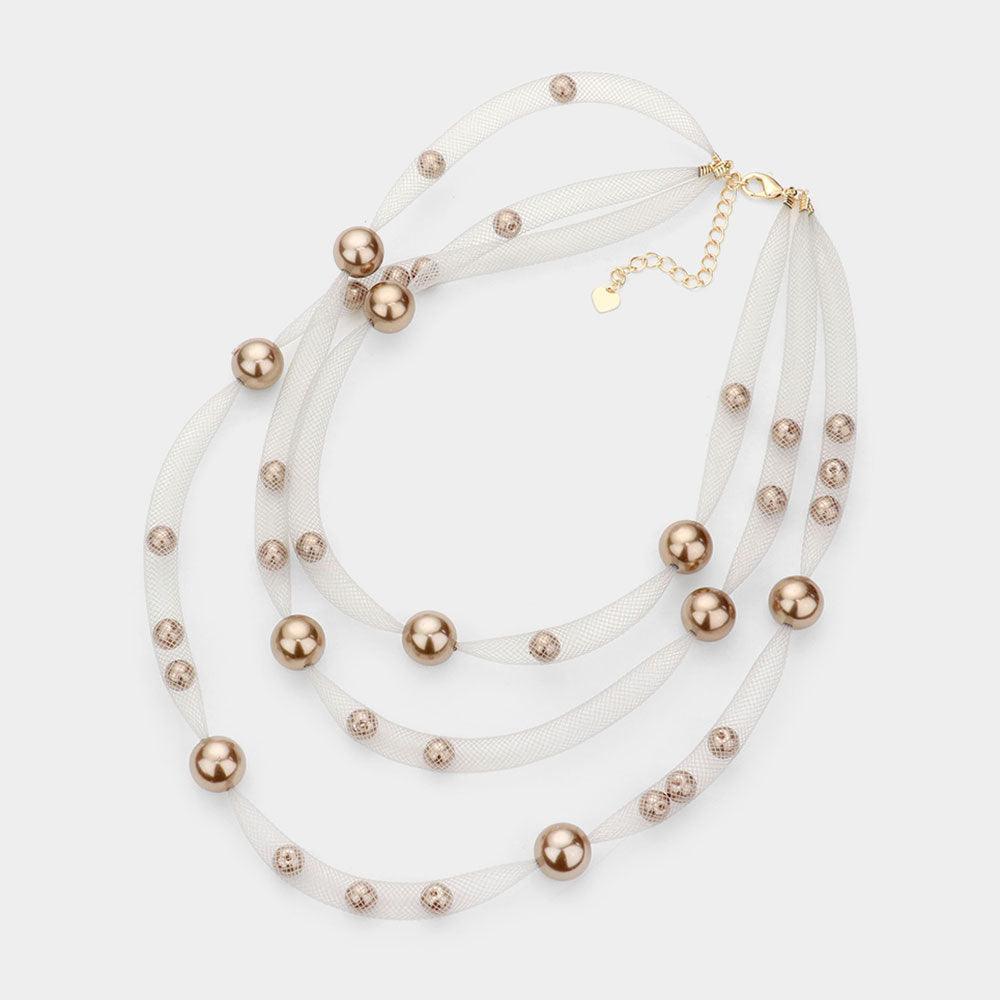Brown Pearl Accented Triple Layered Mesh Bib Necklace - Jewelry Store by Erik Rayo