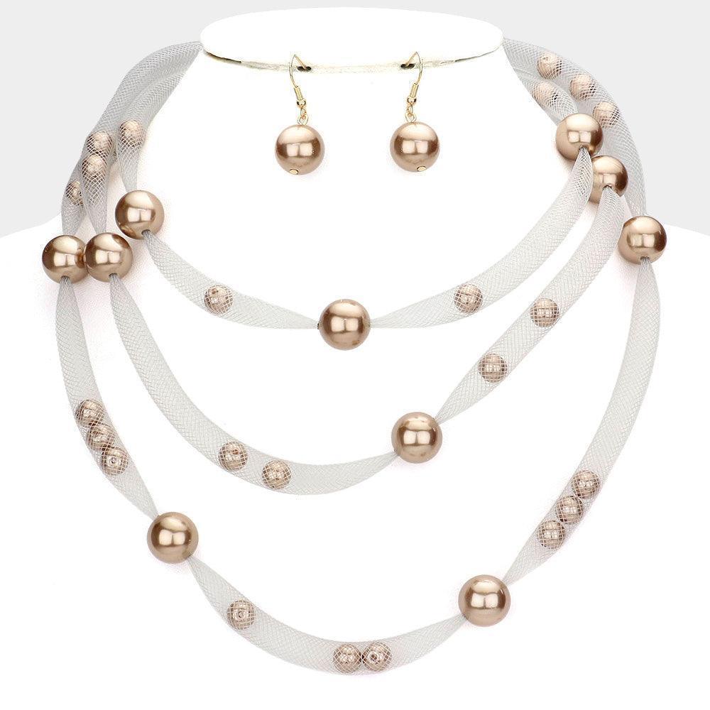 Brown Pearl Accented Triple Layered Mesh Bib Necklace - Jewelry Store by Erik Rayo